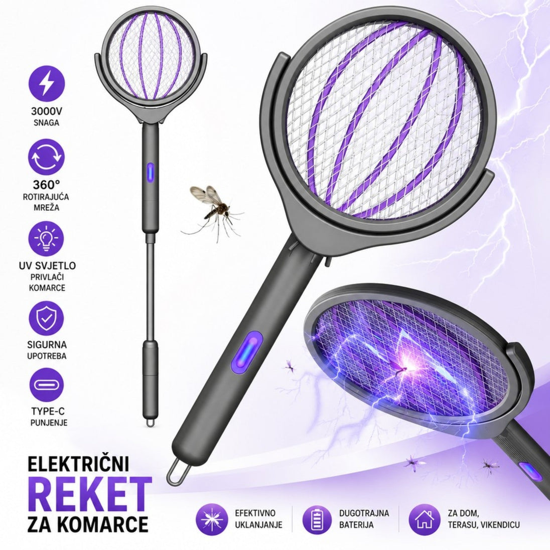 Teleskopski Električni Reket za Insekte - Zoro